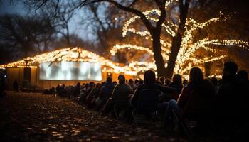 ai généré une de fête foule se rassemble en dessous de illuminé Noël lumières généré par ai photo