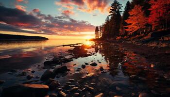 ai généré tranquille scène de le coucher du soleil plus de l'eau et montagnes généré par ai photo