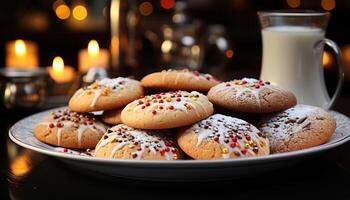 ai généré fraîchement cuit Chocolat puce biscuits sur en bois table généré par ai photo