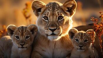 ai généré majestueux Lion lionceau à la recherche à caméra dans savane généré par ai photo