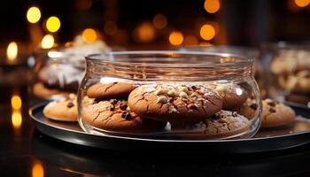 ai généré fait maison Chocolat puce biscuits sur rustique en bois table généré par ai photo