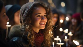 ai généré souriant femmes célébrer hiver nuit avec joyeux amusement généré par ai photo