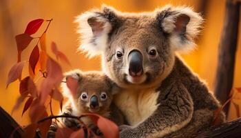 ai généré mignonne koala séance sur bifurquer, à la recherche à caméra généré par ai photo