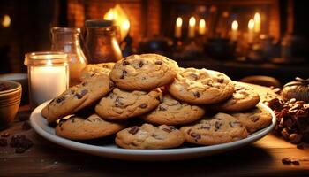 ai généré fait maison Chocolat puce biscuits sur rustique en bois table généré par ai photo