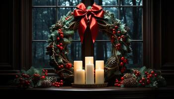 ai généré hiver fête, aux chandelles illumine le rustique Noël décor généré par ai photo