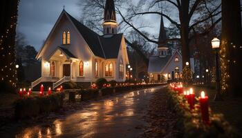 ai généré illuminé chapelle dans le foncé hiver nuit généré par ai photo