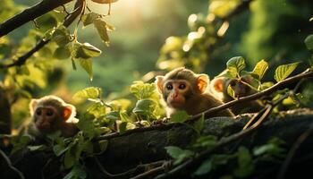 ai généré mignonne singe séance sur branche dans tropical forêt généré par ai photo