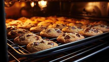 ai généré fraîchement cuit Chocolat puce biscuits sur refroidissement grille généré par ai photo