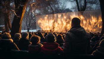 ai généré grand groupe de gens séance autour feu à nuit généré par ai photo