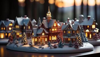 ai généré hiver nuit, illuminé Noël arbre décoration sur bois généré par ai photo