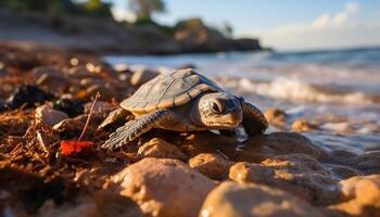 ai généré mignonne tortue rampant sur sablonneux littoral à le coucher du soleil généré par ai photo