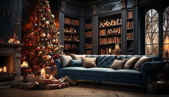 ai généré confortable vivant pièce avec moderne Noël décorations généré par ai photo