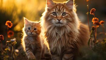 ai généré mignonne chaton séance dans herbe, à la recherche à caméra généré par ai photo