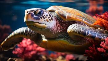 ai généré proche en haut de une multi coloré mer tortue nager sous-marin généré par ai photo