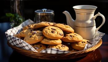 ai généré fait maison gourmet Chocolat puce biscuits sur rustique table généré par ai photo