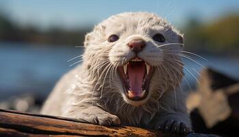 ai généré mignonne chaton en jouant avec poisson par le l'eau généré par ai photo