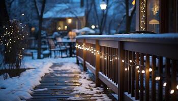 ai généré hiver nuit, neige en plein air, la nature illuminé par lanterne généré par ai photo