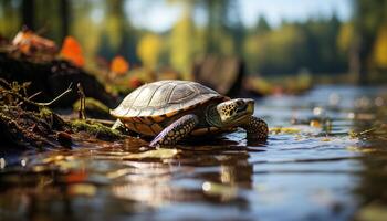 ai généré mignonne tortue rampant dans vert étang, entouré par la nature généré par ai photo