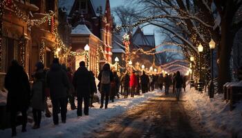 ai généré hiver nuit, illuminé neige, Noël lumières, en marchant généré par ai photo