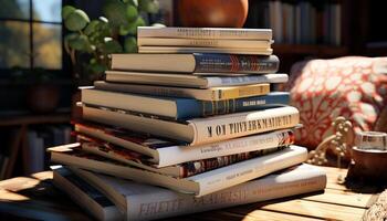 ai généré empiler de vieux livres sur en bois étagère à livres généré par ai photo