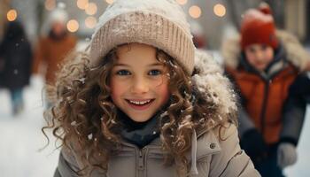 ai généré souriant fille jouit hiver, en jouant sur la glace patinoire généré par ai photo