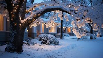 ai généré hiver nuit neige couvert arbre illuminé avec Noël lumières généré par ai photo