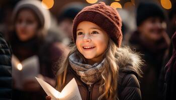 ai généré souriant famille jouit hiver en plein air, diffusion bonheur généré par ai photo