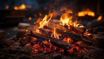 ai généré embrasé bois de chauffage crée chaleur et relaxation en plein air généré par ai photo