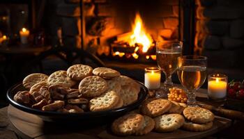 ai généré flamme danses sur biscuit, chaleur remplit confortable à l'intérieur généré par ai photo