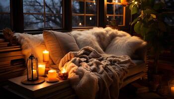 ai généré confortable hiver nuit flamme, bougie, chaleur, relaxation généré par ai photo