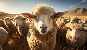 ai généré mignonne agneau pâturage dans le prairie, à la recherche à caméra généré par ai photo