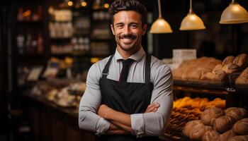 ai généré sur de soi barman, Jeune adulte, souriant, travail à l'intérieur généré par ai photo