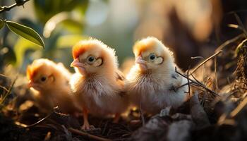 ai généré mignonne bébé poulet éclosion dans la nature beauté généré par ai photo