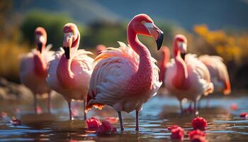 ai généré vibrant coloré des oiseaux permanent près une tranquille étang généré par ai photo