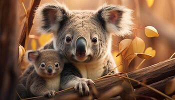 ai généré mignonne koala séance sur arbre bifurquer, à la recherche duveteux généré par ai photo