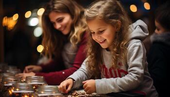ai généré souriant les filles profiter Noël lumières avec famille généré par ai photo