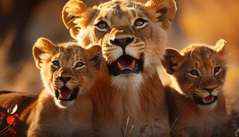 ai généré lionne et lionceau dans le africain région sauvage généré par ai photo