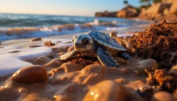 ai généré tortue rampe sur sable, mer vagues baiser généré par ai photo