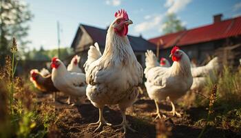 ai généré poulets errer librement dans le vert Prairie généré par ai photo