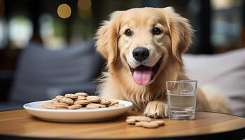 ai généré mignonne chiot séance, à la recherche à caméra, en mangeant casse-croûte généré par ai photo