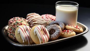 ai généré fraîchement cuit Chocolat puce biscuits sur une noir assiette généré par ai photo