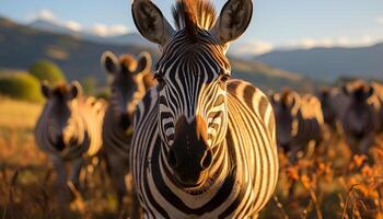 ai généré zèbre troupeau pâturage sur africain savane à le coucher du soleil généré par ai photo