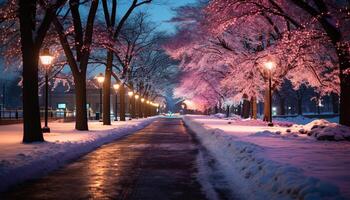 ai généré hiver nuit neige couvert arbre illuminé par rue lumière généré par ai photo