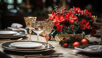 ai généré en bois table avec élégant vaisselle et fleur vase généré par ai photo