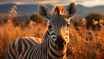 ai généré zèbre pâturage dans le africain savane à le coucher du soleil généré par ai photo