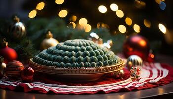 ai généré Noël ornement embrasé sur décoré table à l'intérieur généré par ai photo