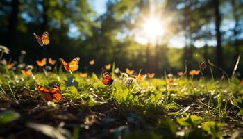 ai généré papillon en volant dans le prairie, vibrant couleurs généré par ai photo