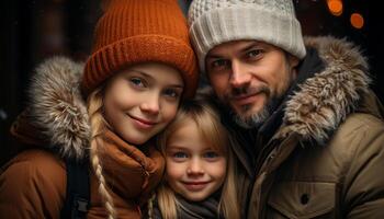 ai généré souriant famille embrasse hiver, l'amour et bonheur généré par ai photo