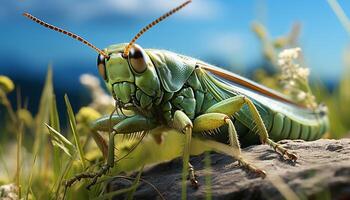 ai généré proche en haut de une vert criquet sur une feuille généré par ai photo