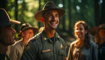 ai généré groupe de Jeune adultes souriant en plein air dans la nature généré par ai photo